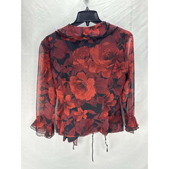 Dressbarn Red Floral Chiffon Ruffle Blouse Sz 6 Sheer Lightweight Whimsygoth Top - Picture 6 of 9
